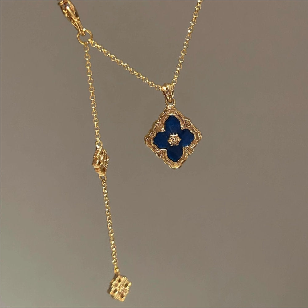 White Leaf Ornate Diamond Necklace In Navy & Gold (NLN287N)