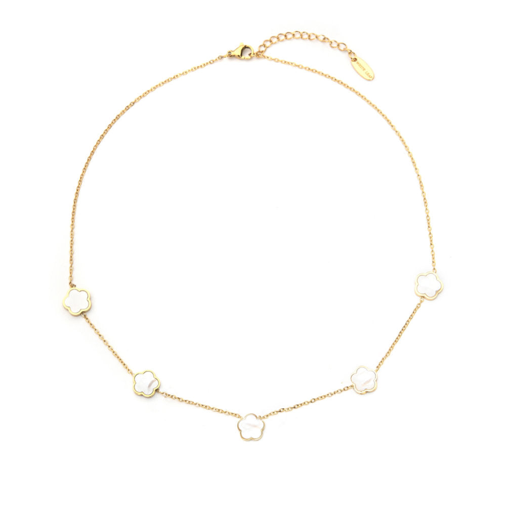 White Leaf Mother Of Pearl 5 Flower Necklace In Gold (NLN30W)