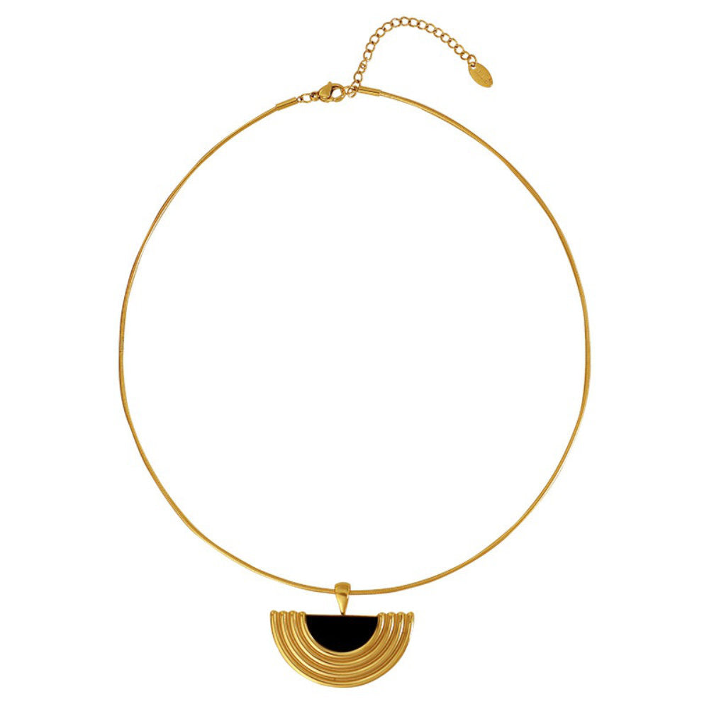 White Leaf Circle Chain Necklace With Semi Circle Pendant In Gold (NLN556G)