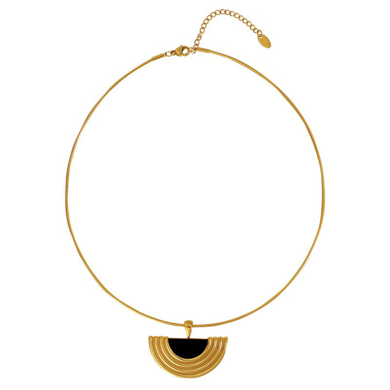 White Leaf Circle Chain Necklace With Semi Circle Pendant In Gold (NLN556G)