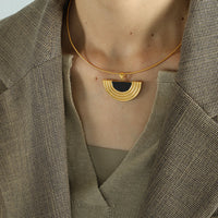 White Leaf Circle Chain Necklace With Semi Circle Pendant In Gold (NLN556G)