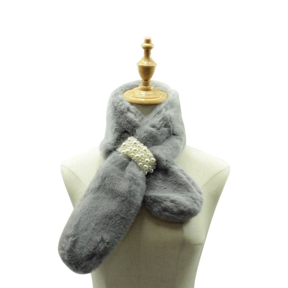 A&B Fashion SF21105-648 Faux Fur Collar Scarf with Pearl Details - Grey