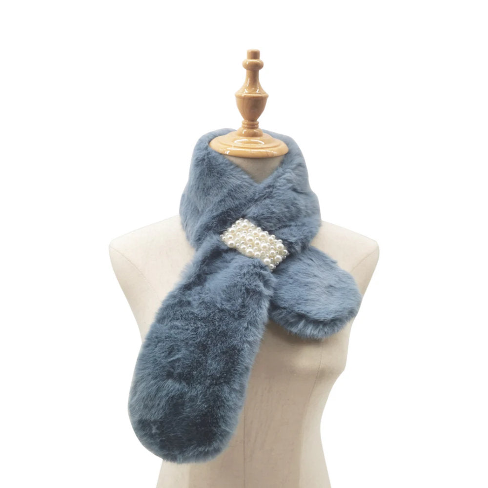 A&B Fashion SF21105-648 Faux Fur Collar Scarf with Pearl Details - Sky Blue