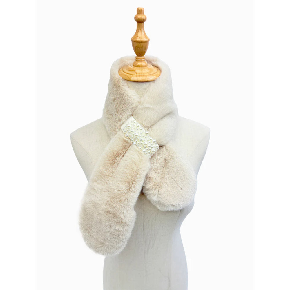 A&B Fashion SF21105-648 Faux Fur Collar Scarf with Pearl Details - Beige