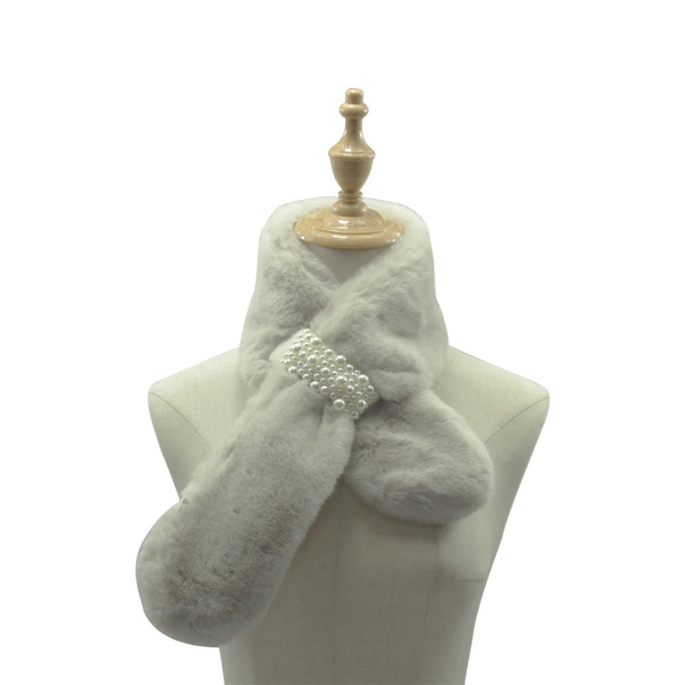A&B Fashion SF21105-648 Faux Fur Collar Scarf with Pearl Details - Khaki