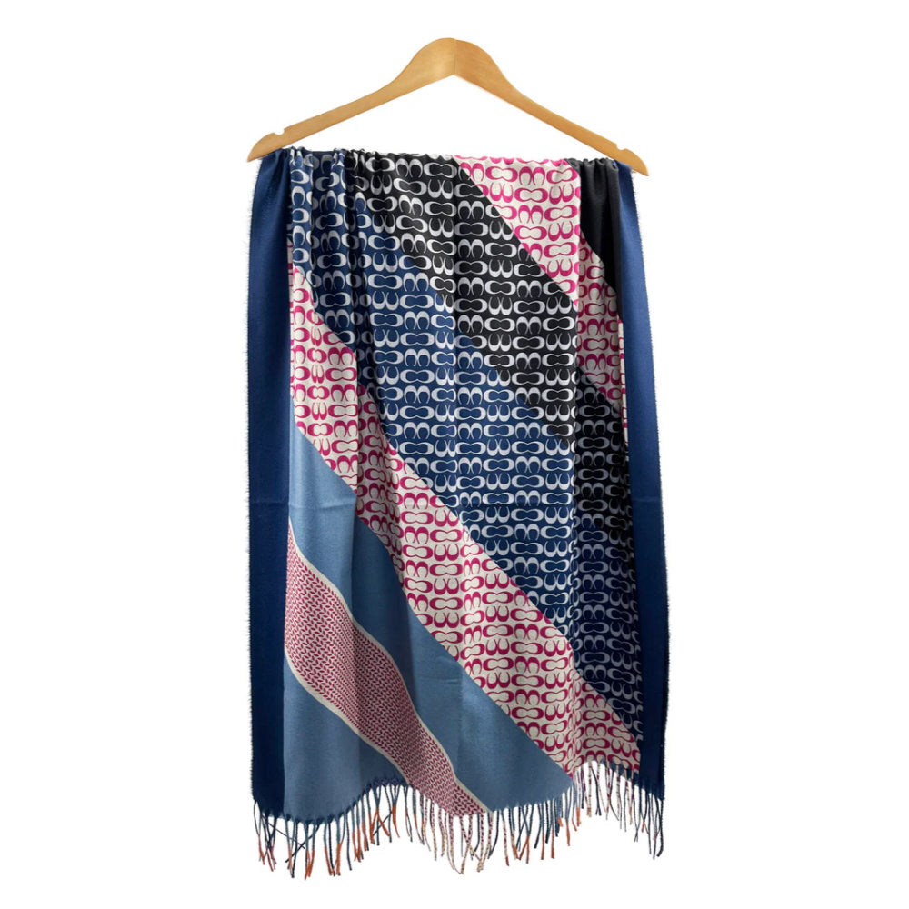 A&B Fashion SF23105-913 Colourful Stripes & Symbolic Pattern Scarf with Cotton Mix and Tassels - Blue