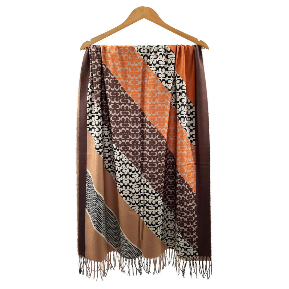 A&B Fashion SF23105-913 Colourful Stripes & Symbolic Pattern Scarf with Cotton Mix and Tassels - Brown
