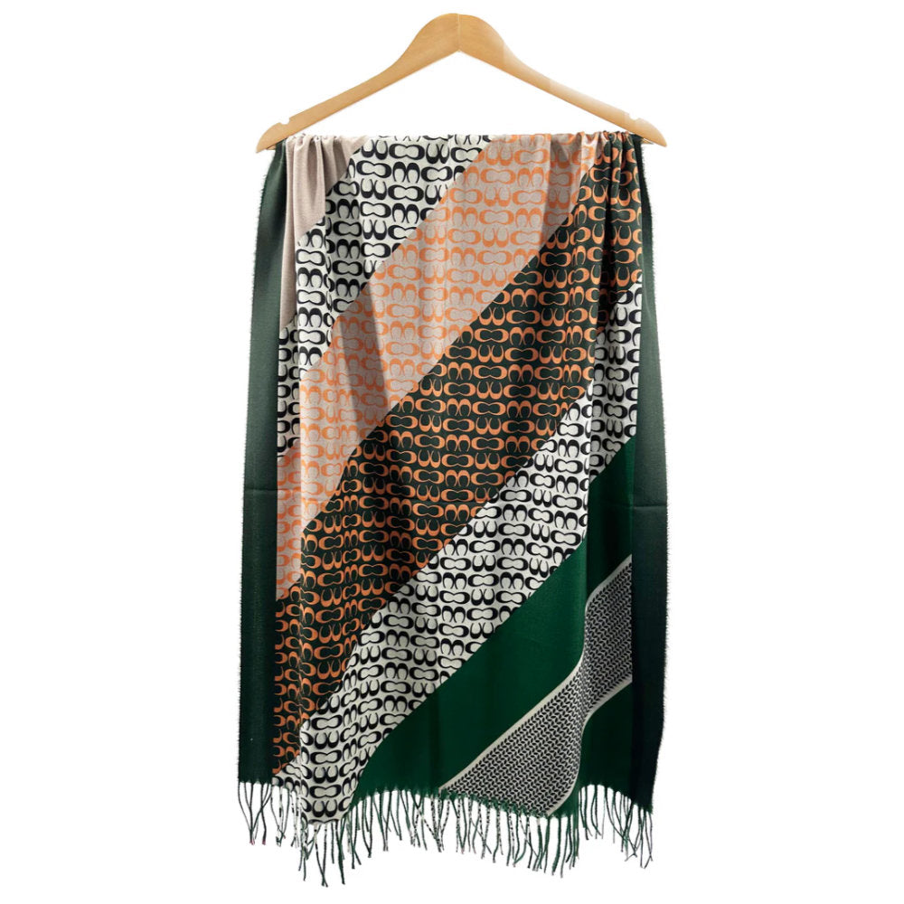 A&B Fashion SF23105-913 Colourful Stripes & Symbolic Pattern Scarf with Cotton Mix and Tassels - Green