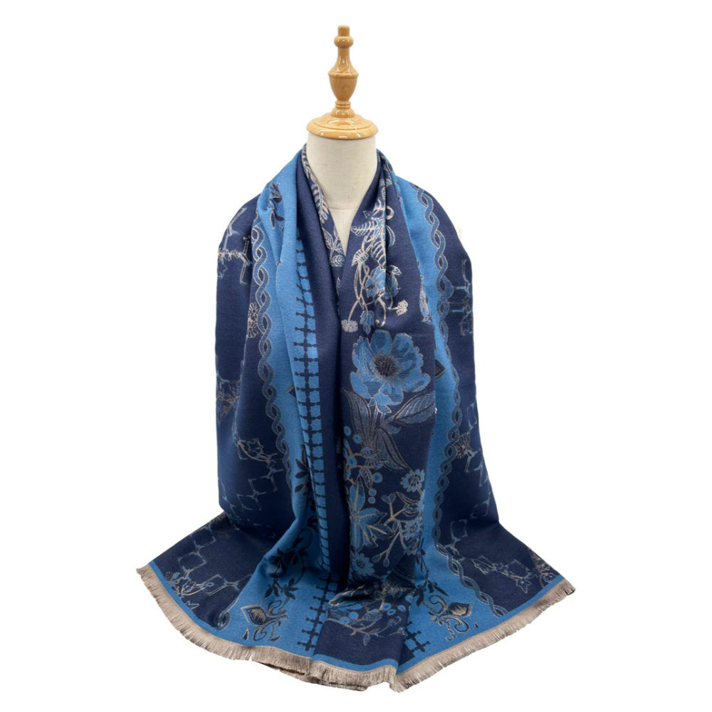 A&B Fashion SF23160-934 Climbing Flower and Cubes Pattern Cotton Mix Scarf - Blue