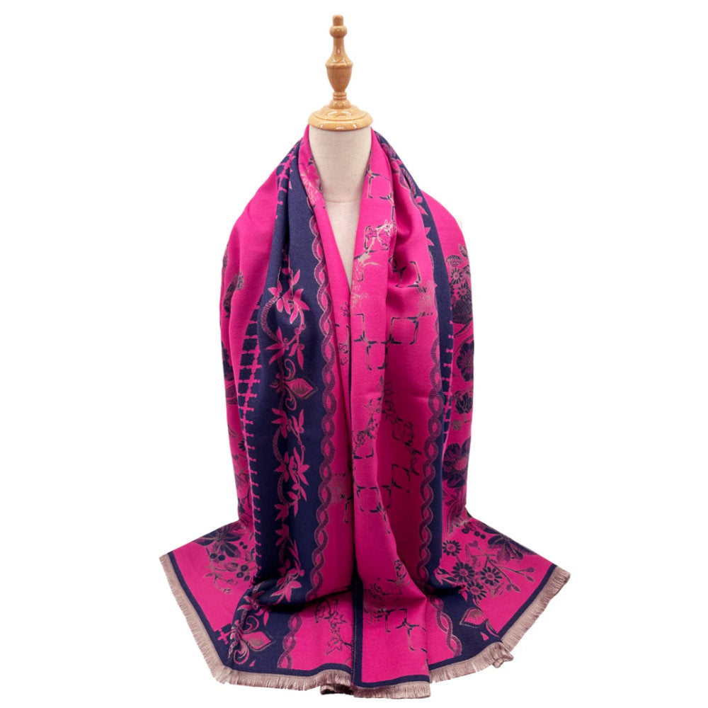 A&B Fashion SF23160-934 Climbing Flower and Cubes Pattern Cotton Mix Scarf - Fuschia