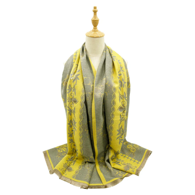 A&B Fashion SF23160-934 Climbing Flower and Cubes Pattern Cotton Mix Scarf - Yellow