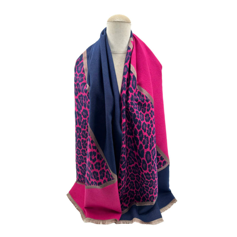 A&B Fashion SF23160-936 Mix Wool Leopard Print Scarves - Navy