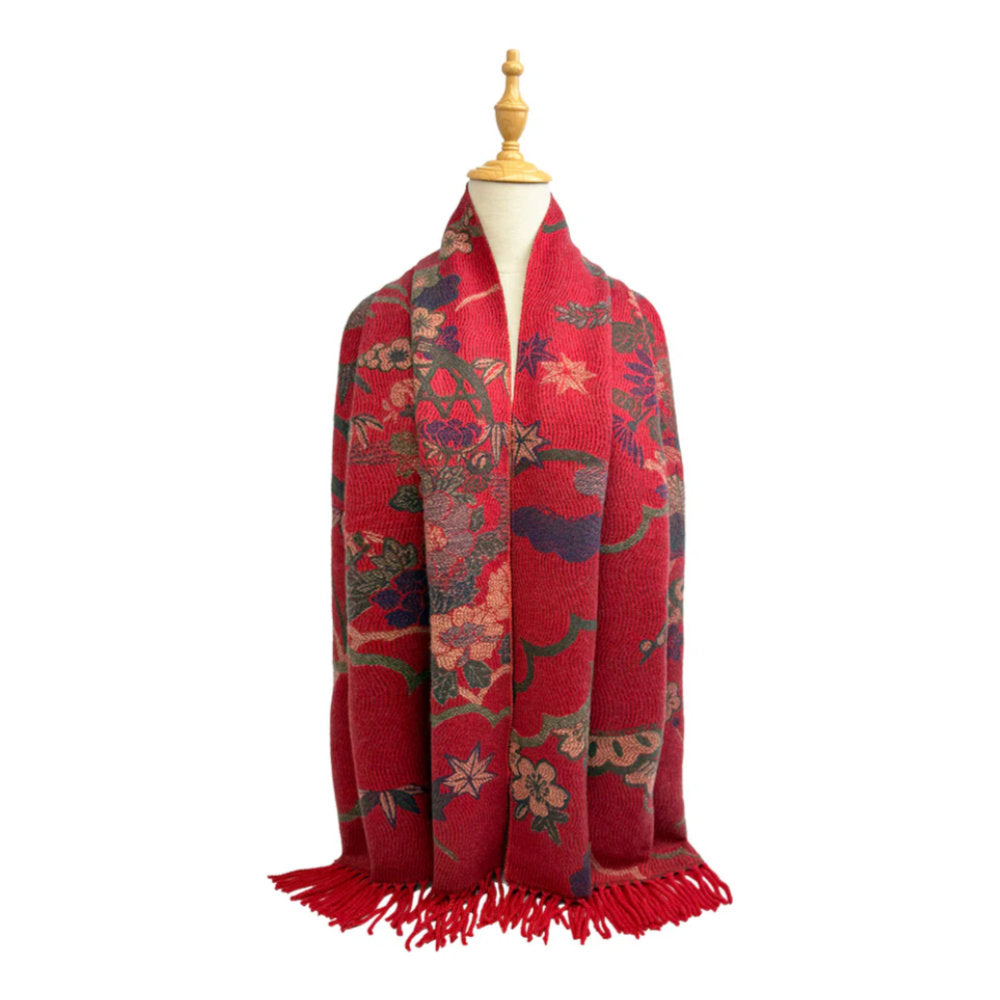 A&B Fashion SF25190-222 Galaxy of Flowers Printing Scarf with Tassels
- Red