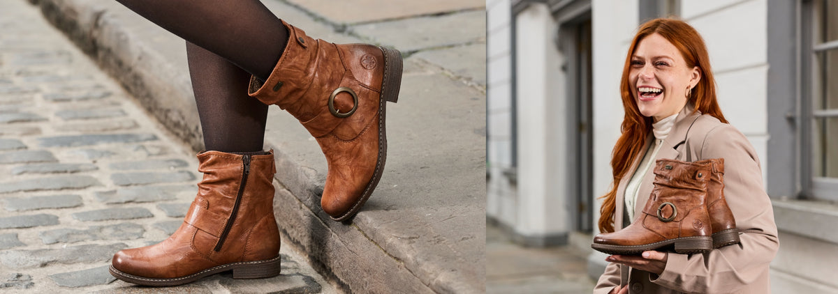 A woman holding a pair of brown rieker boots and a close up of the boots