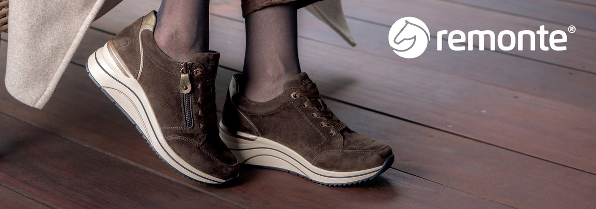 close up of brown remonte trainers
