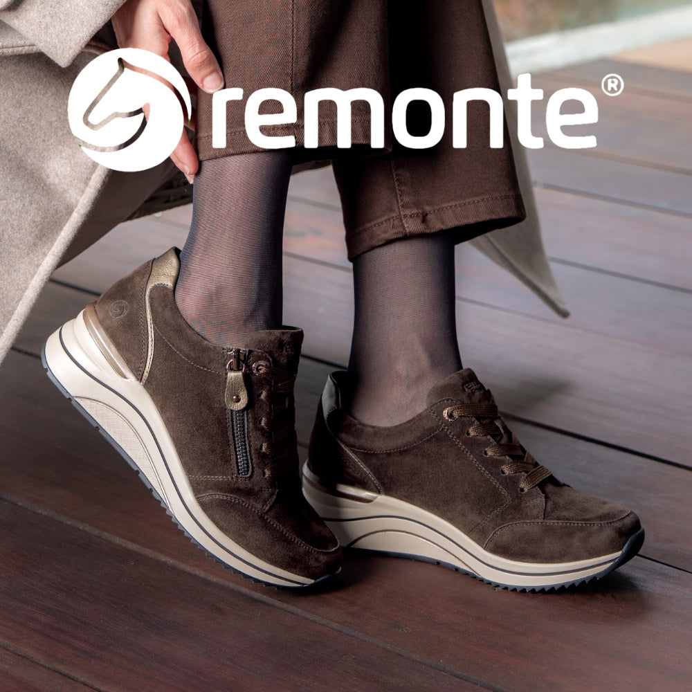 close up of brown remonte trainers