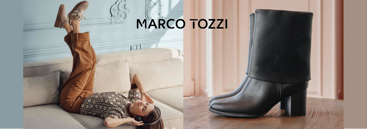 A woman lies ona sofa wearing headphones and marco tozzi sneakers next to a close up of black marco tozzi boots