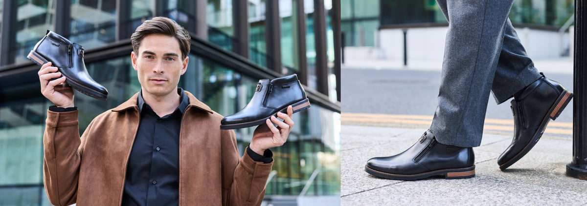 A man holds up a pair of smart black shoes next to a close up picture of the same shoes