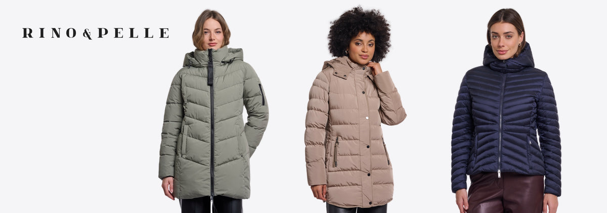 three women wearing jackets by rino & Pelle, one green, one brown and one blue