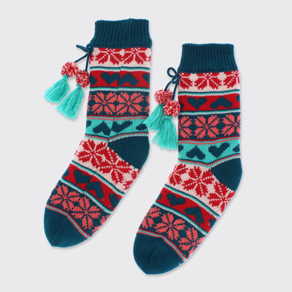 Millie Mae Winter Heart Slipper Socks - Teal
