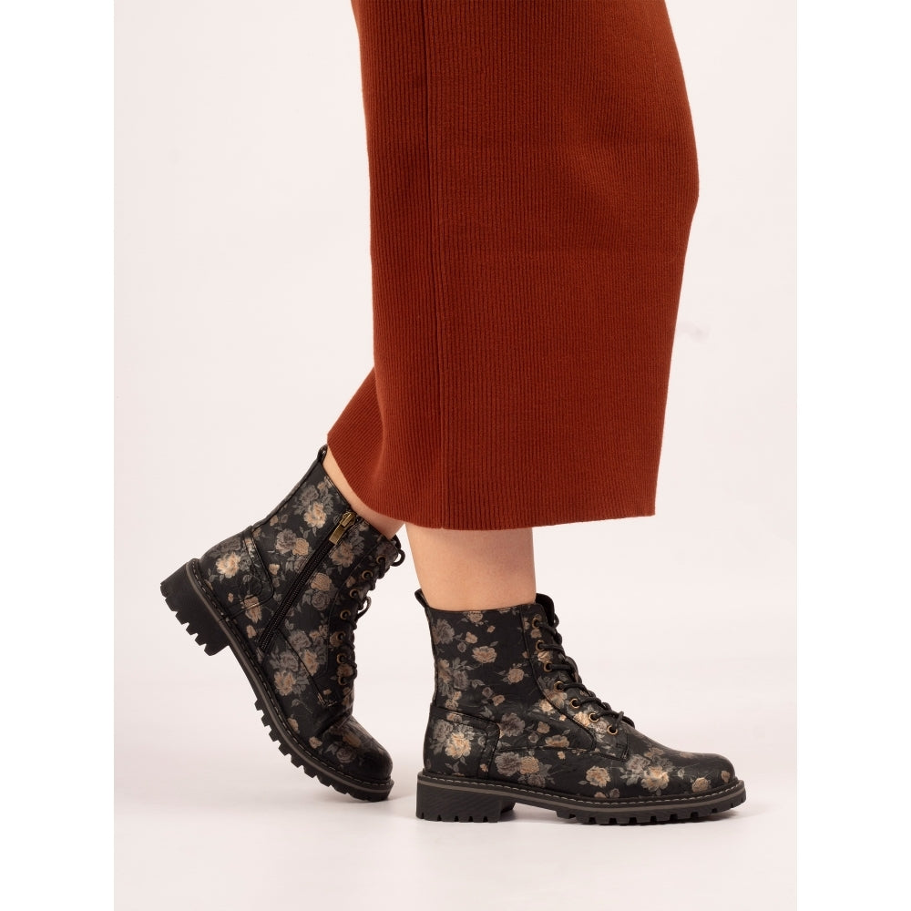 Lunar Dazzle Black Floral Ankle Boots GLW037 BK