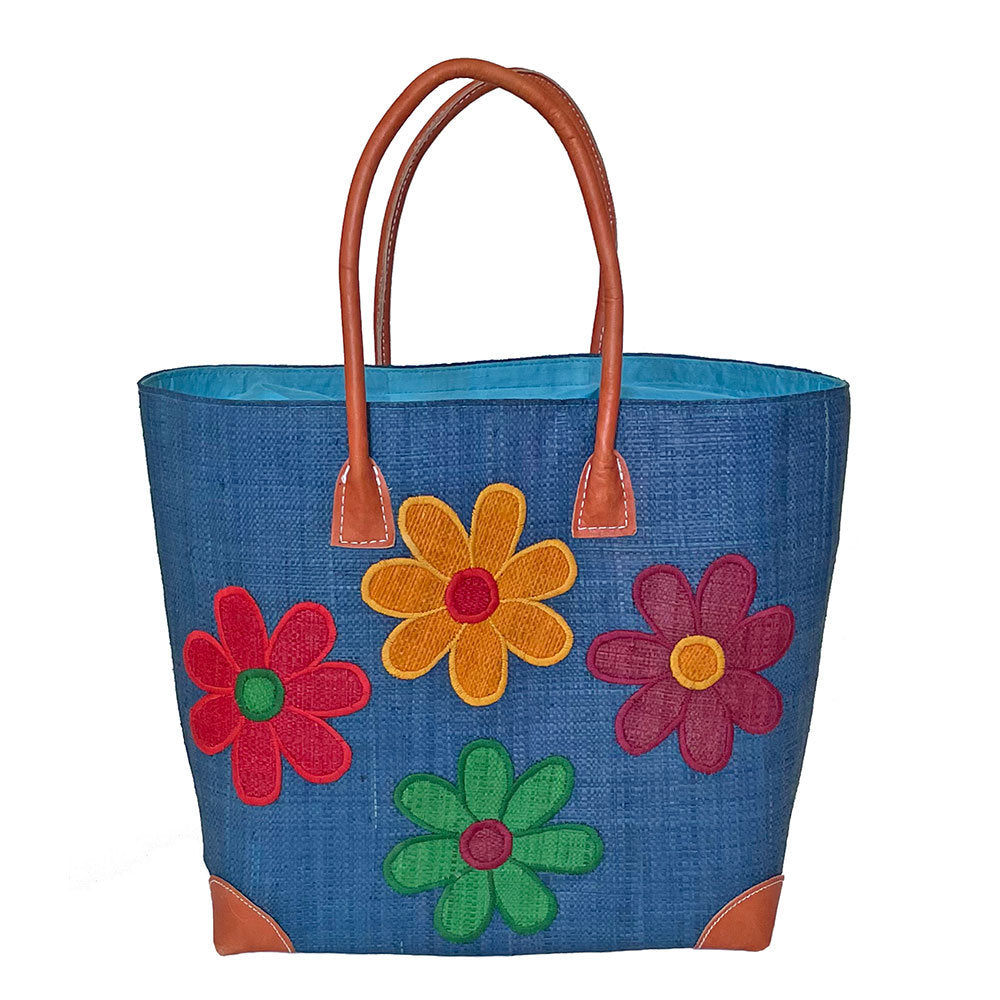 Basket Basket Large Raffia Flower Tote Bag - Blue - MAB088