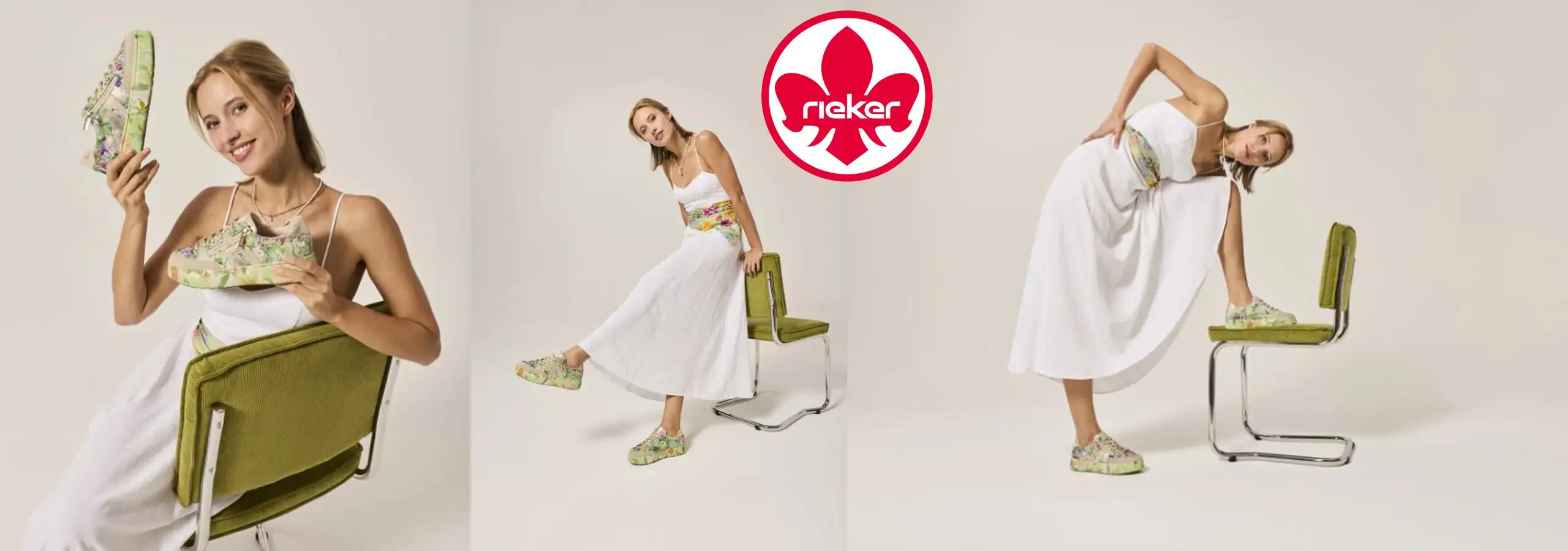 Woman in a white dress with green shoes sitting on a chair, holding shoes, and posing with a chair. Rieker logo visible.