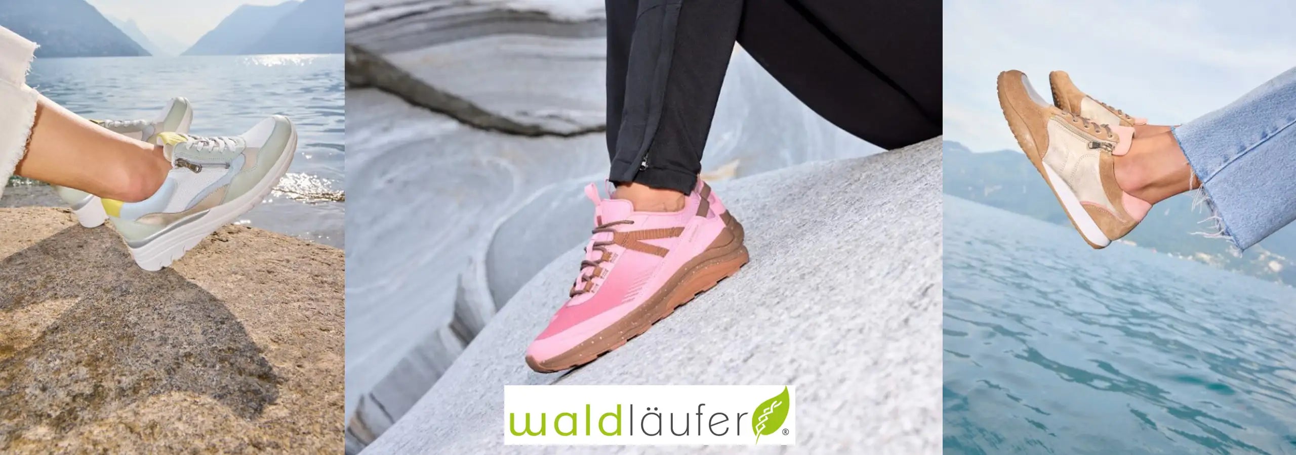 Three pairs of shoes in different settings with 'waldöäuer' branding.