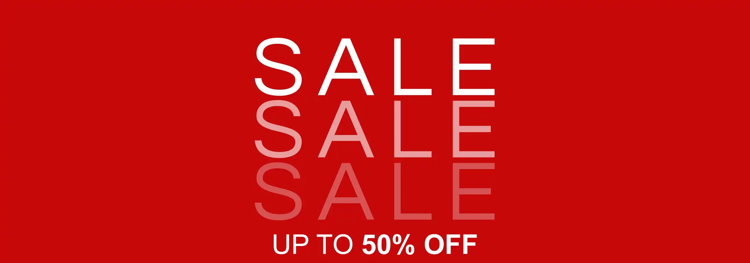 A promotional sale graphic with the word 'SALE' repeated vertically in large white letters on a solid red background, with 'UP TO 50% OFF' in smaller white text below.