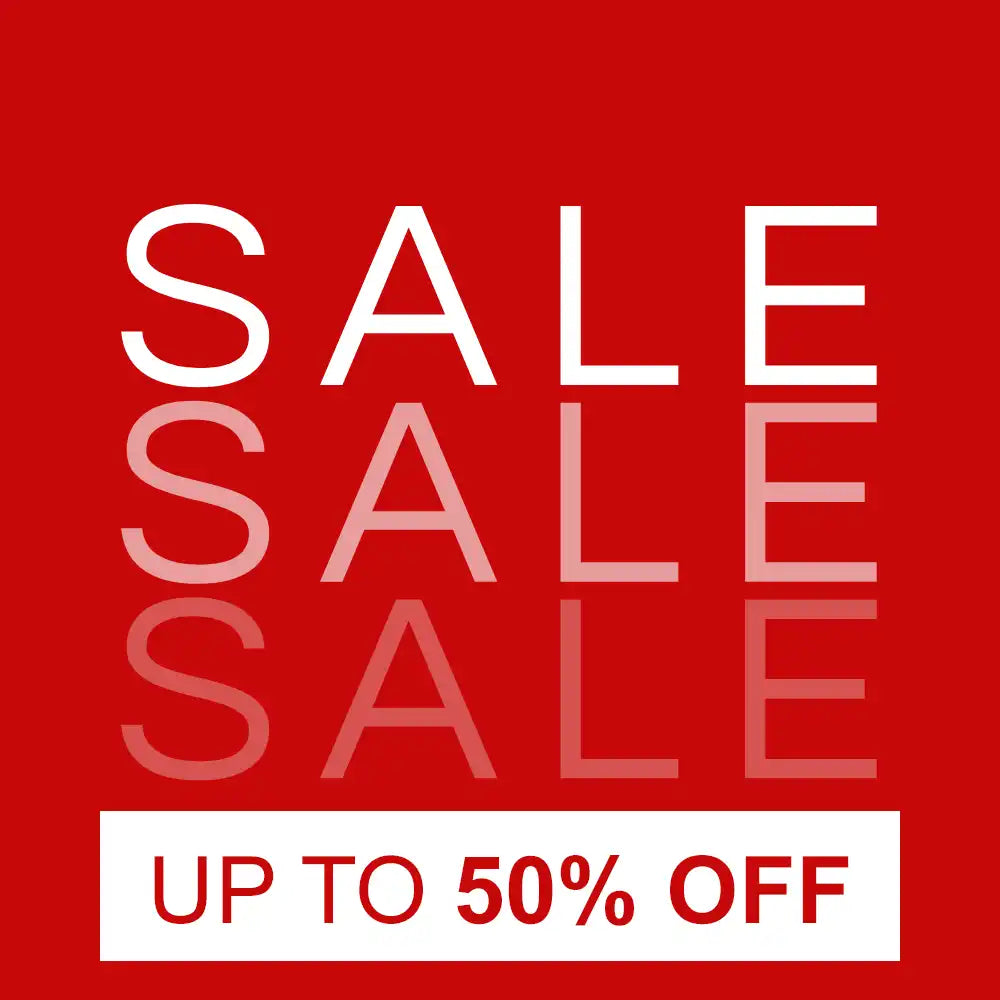 A promotional sale graphic with the word 'SALE' repeated vertically in large white and pale pink letters on a red background, with a white banner at the bottom reading 'UP TO 50% OFF'.