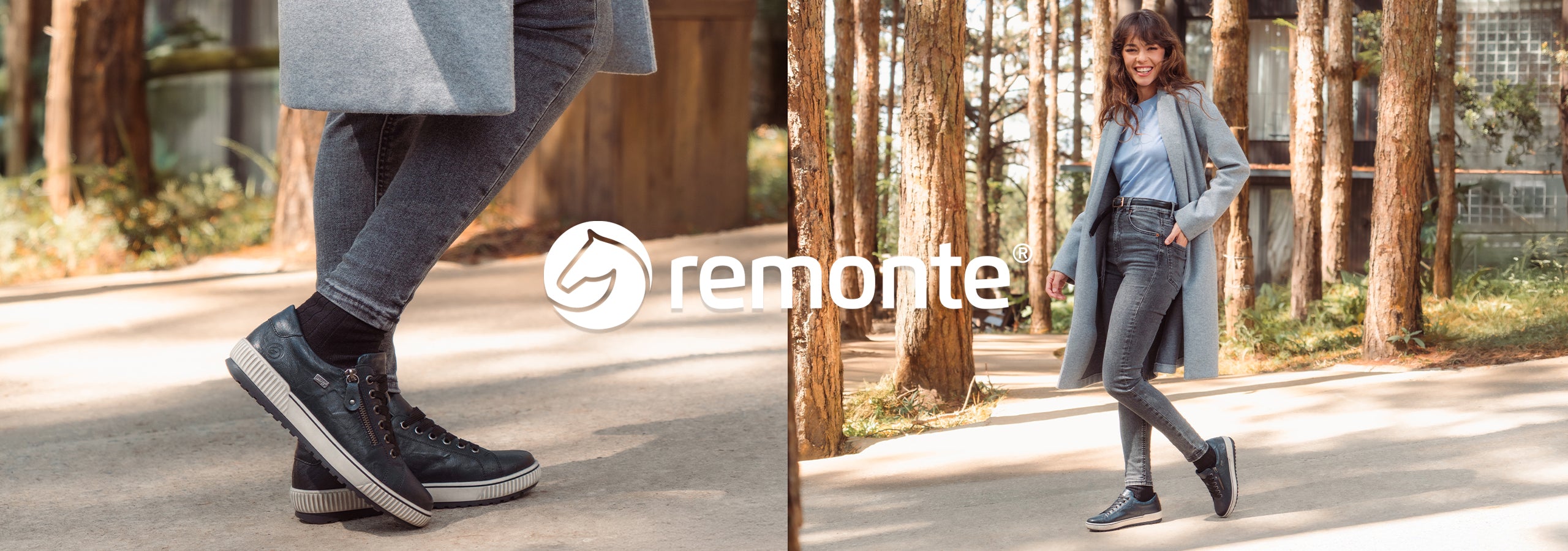Images of a woman walking in a forest wearing Remonte shoes