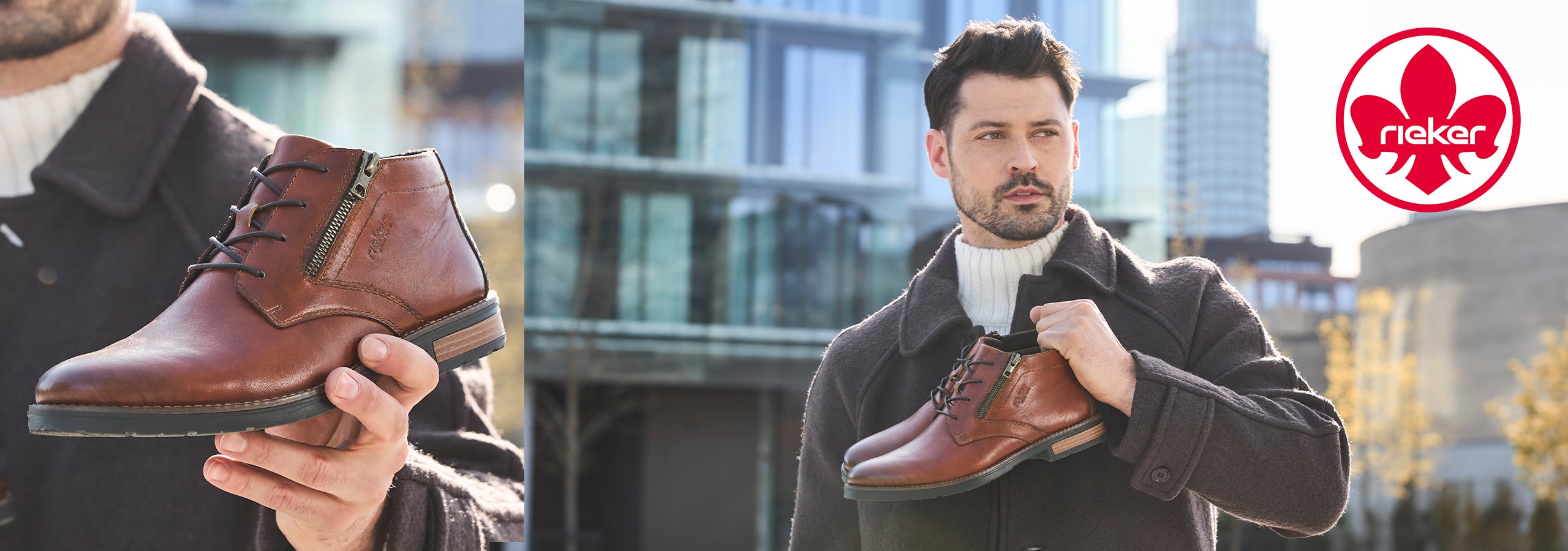 Images of a man holding brown Rieker boots
