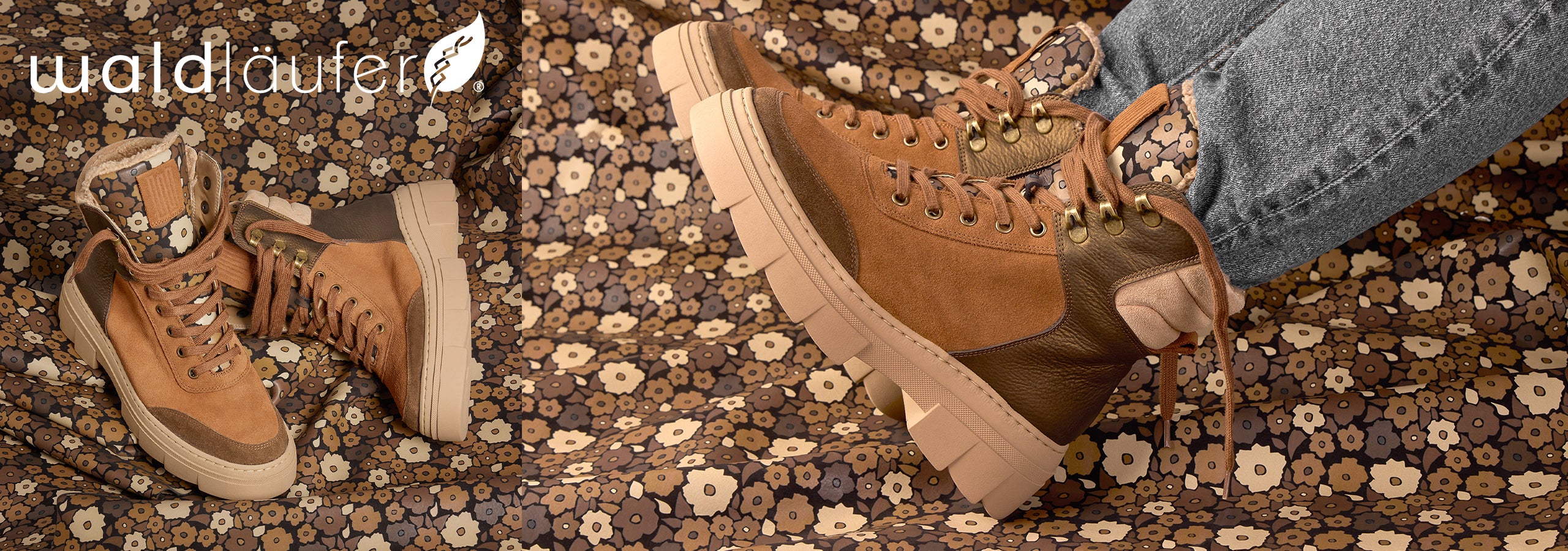 Image of Waldlaufer boots on a floral patterned background