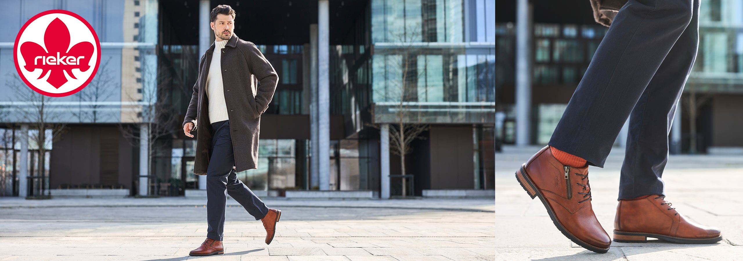 Images of a man wearing brown Rieker shoes
