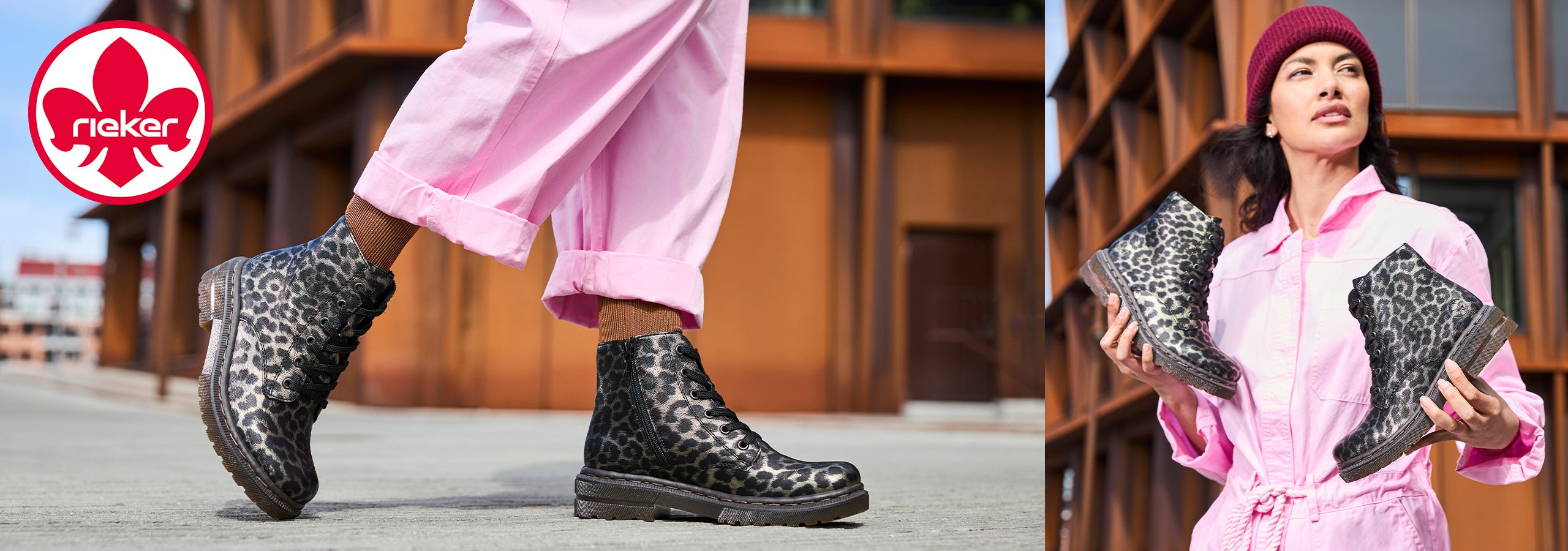 Images of a woman holding and wearing animal print Rieker boots